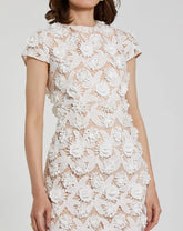 White and Beige Floral Lace Fitted Short Sleeve Midi Dress